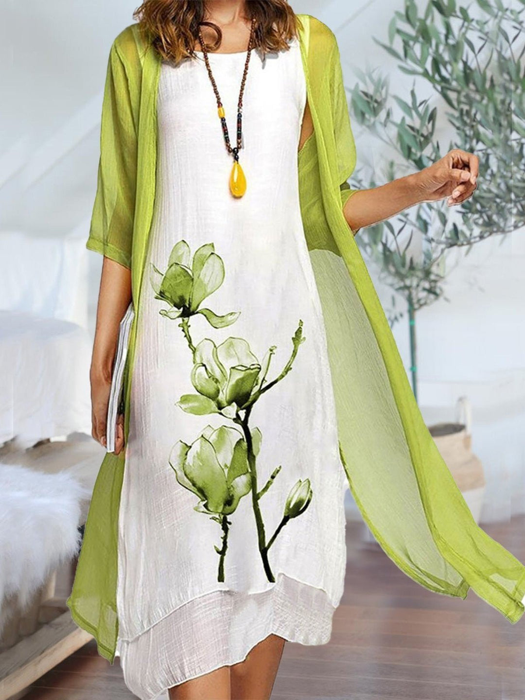 Damen Leinen Midi-Kleid mit Chiffon-Cardigan Set - Light Green