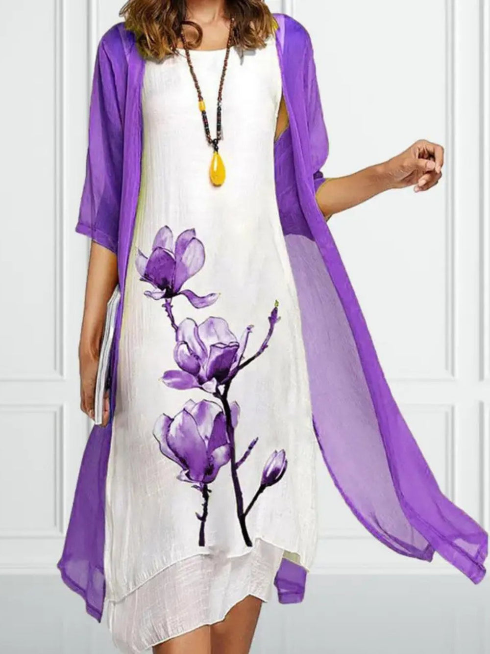 Damen Leinen Midi-Kleid mit Chiffon-Cardigan Set - Purple