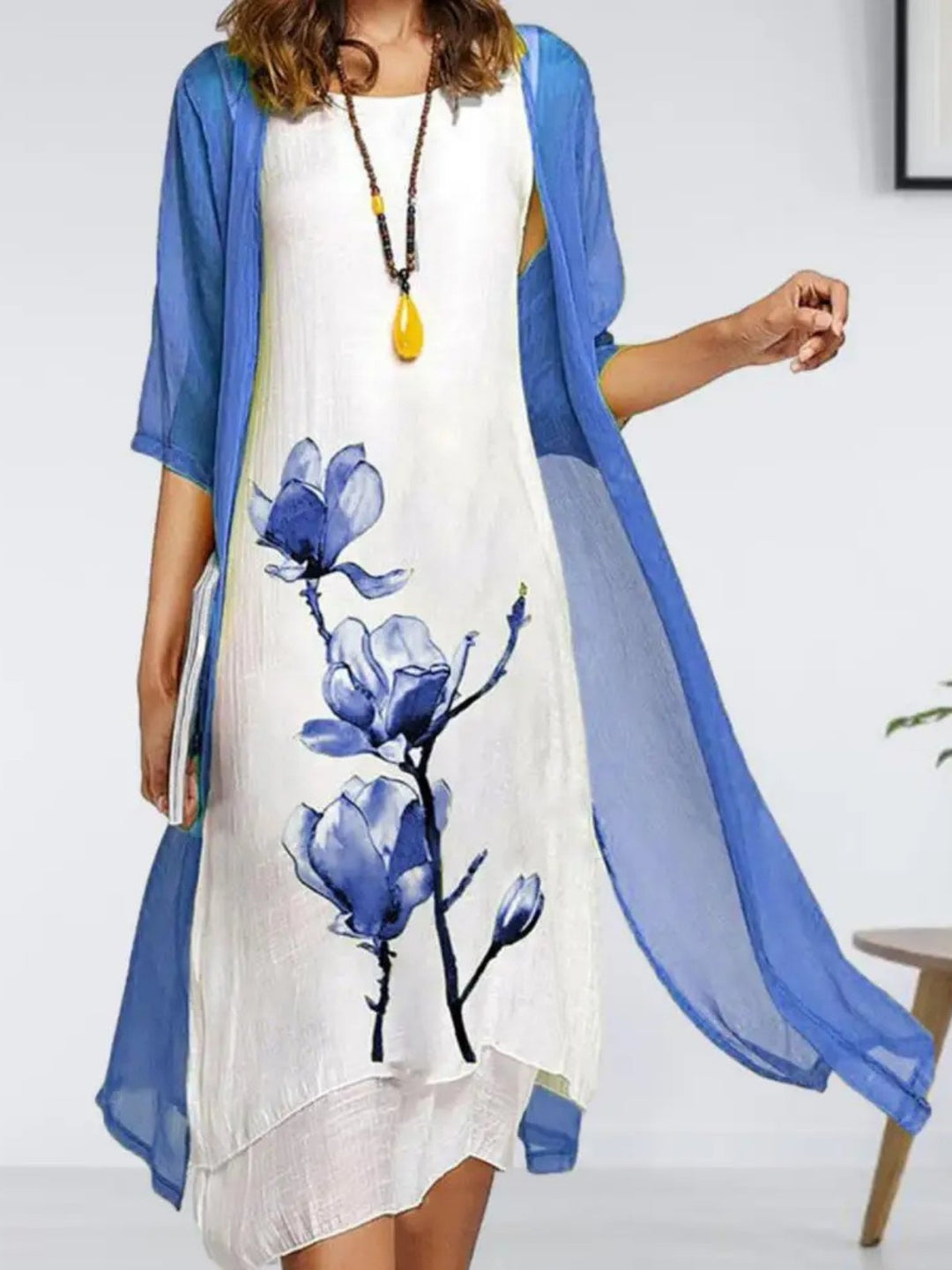 Damen Leinen Midi-Kleid mit Chiffon-Cardigan Set - Blue