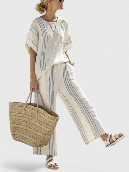 Damen Leinen-Mix Oversize Zweiteiler Set - Blauwe streep