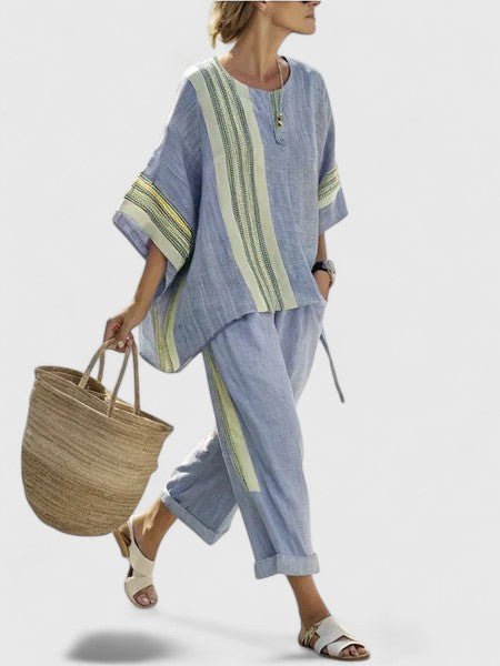 Damen Leinen-Mix Oversize Zweiteiler Set - Blauw