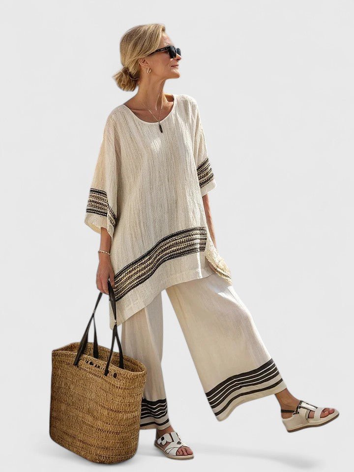 Damen Leinen-Mix Oversize Zweiteiler Set - Zwarte Streep