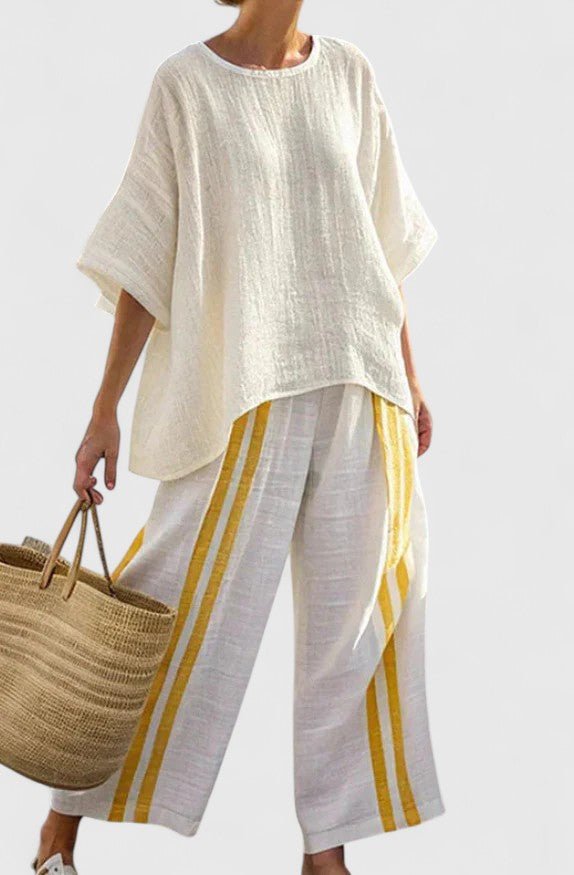 Damen Leinen-Mix Oversize Zweiteiler Set - Gele Streep