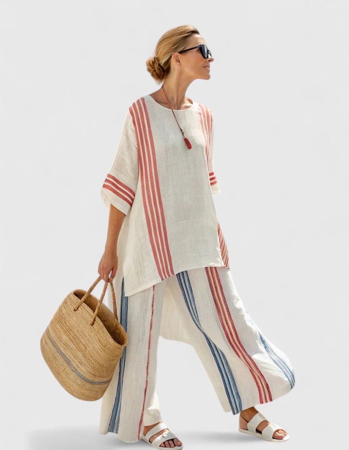 Damen Leinen-Mix Oversize Zweiteiler Set - Rode Streep