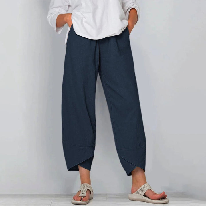 Damen Leinen-Mix Wide-Leg Hose mit elastischem Bund - Marineblau