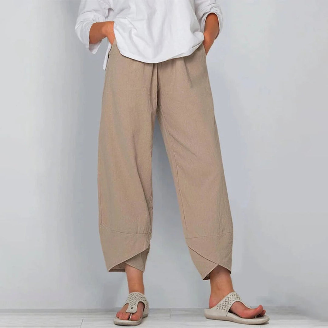 Damen Leinen-Mix Wide-Leg Hose mit elastischem Bund - Khaki