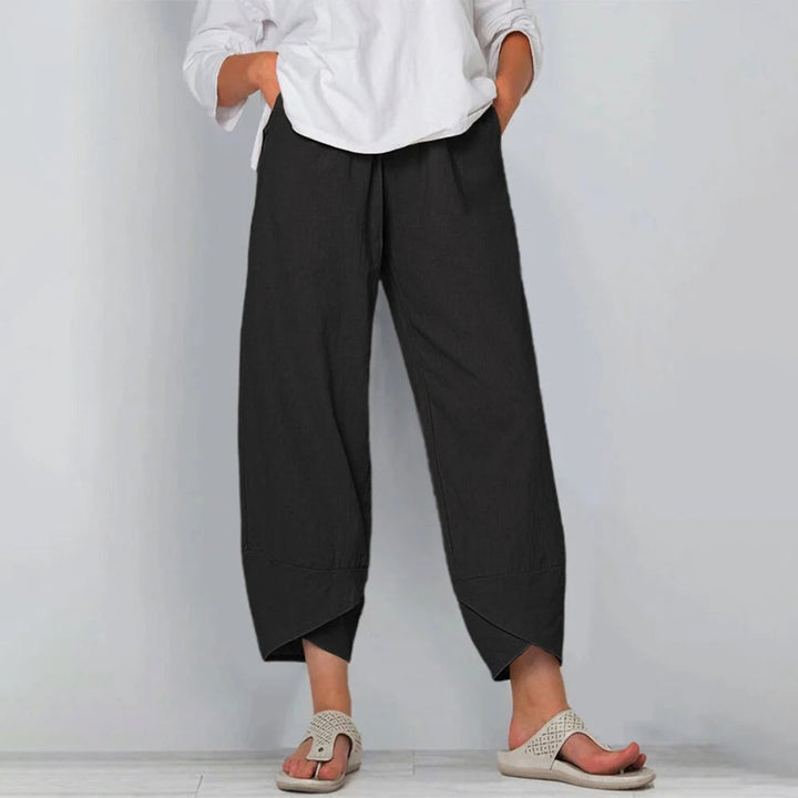Damen Leinen-Mix Wide-Leg Hose mit elastischem Bund - Schwarz