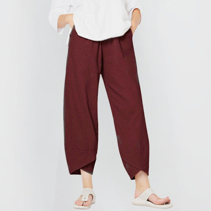 Damen Leinen-Mix Wide-Leg Hose mit elastischem Bund - Weinrot