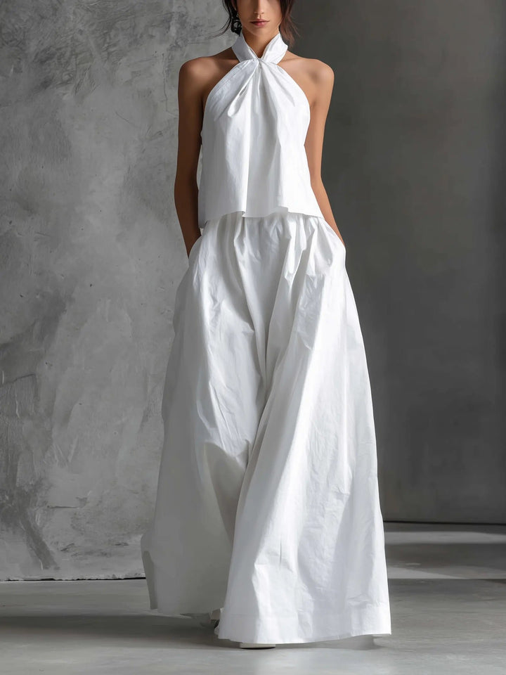 Damen Leinen Neckholder Top Rock Set zweiteilig ärmellos - White