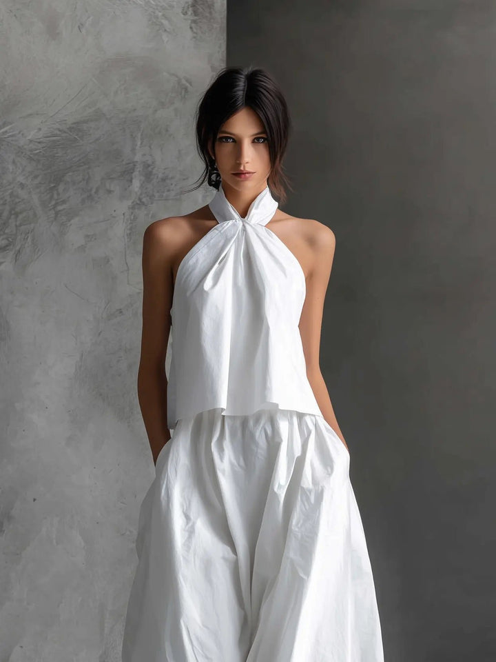 Damen Leinen Neckholder Top Rock Set zweiteilig ärmellos