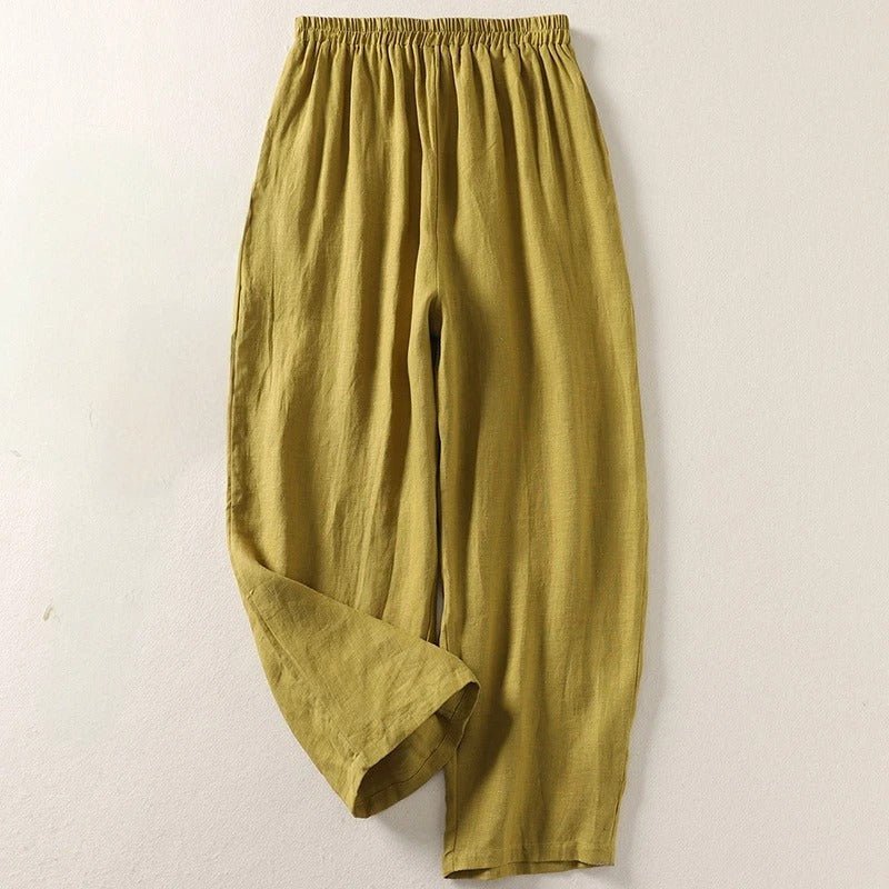 Damen Leinen Relaxed-Fit Elastikbund Hose - Olive