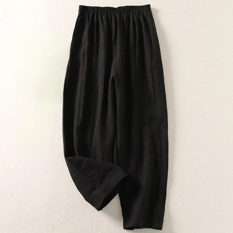 Damen Leinen Relaxed-Fit Elastikbund Hose - Black