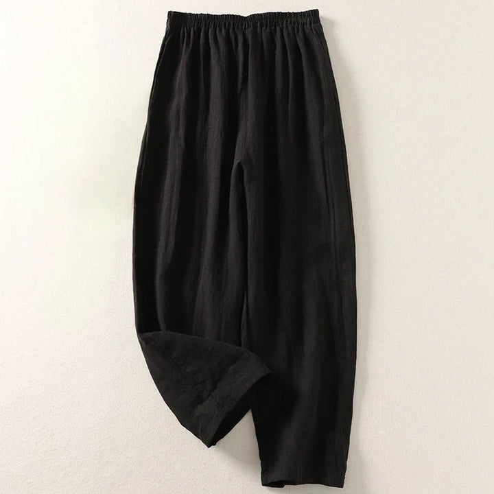 Damen Leinen Relaxed-Fit Elastikbund Hose - Black