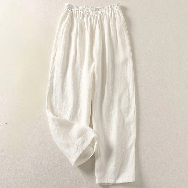 Damen Leinen Relaxed-Fit Elastikbund Hose - White