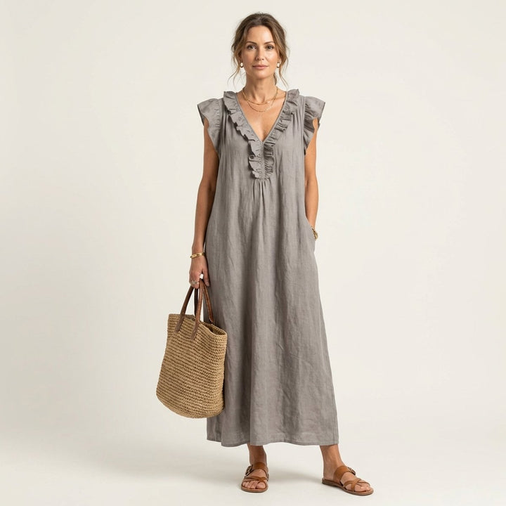 Damen Leinen Rüschen V-Ausschnitt Ärmelloses Maxi-Sommerkleid - Grau