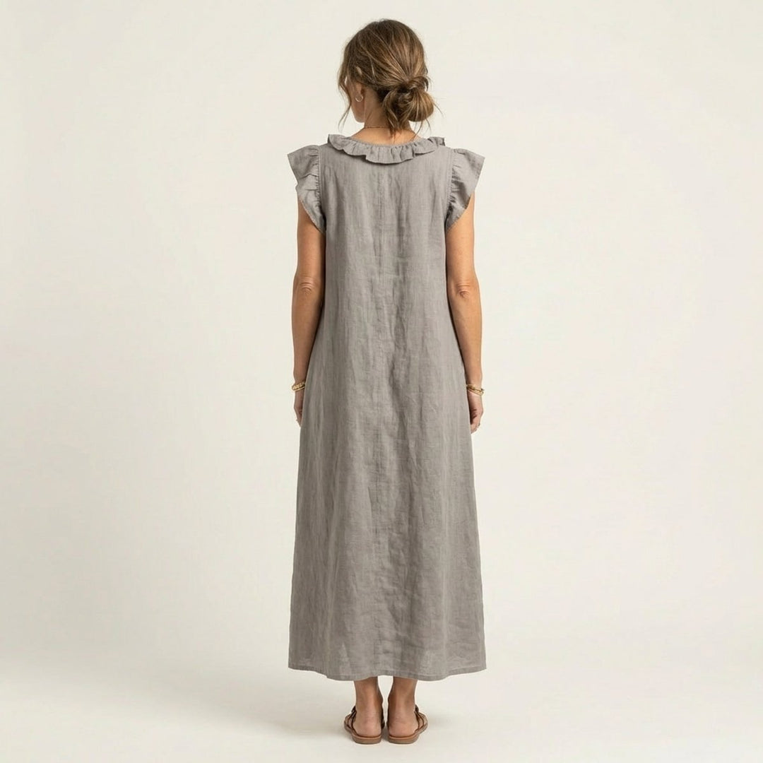 Damen Leinen Rüschen V-Ausschnitt Ärmelloses Maxi-Sommerkleid
