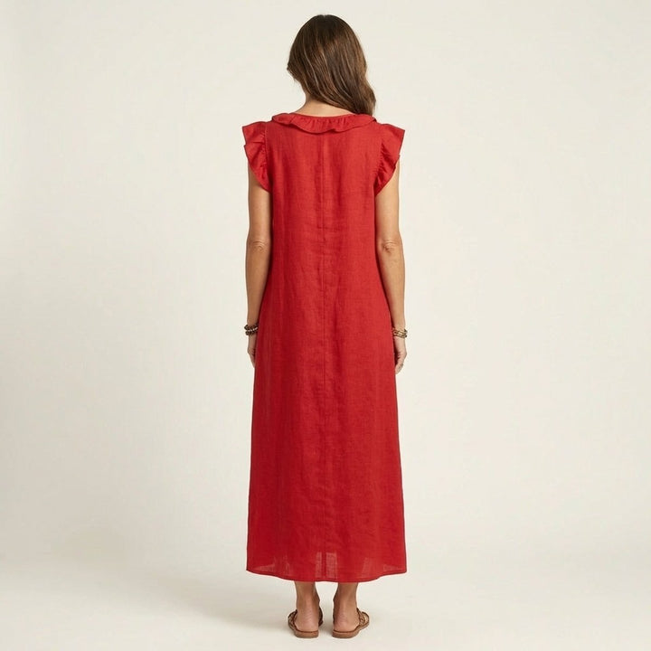 Damen Leinen Rüschen V-Ausschnitt Ärmelloses Maxi-Sommerkleid