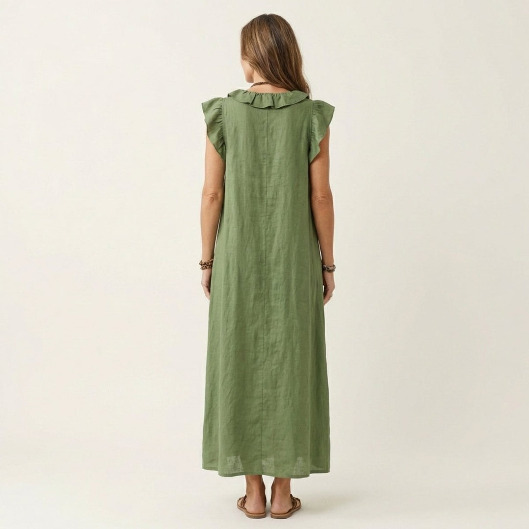 Damen Leinen Rüschen V-Ausschnitt Ärmelloses Maxi-Sommerkleid