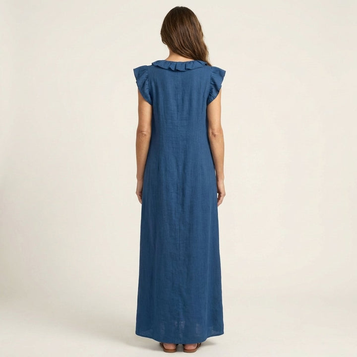 Damen Leinen Rüschen V-Ausschnitt Ärmelloses Maxi-Sommerkleid
