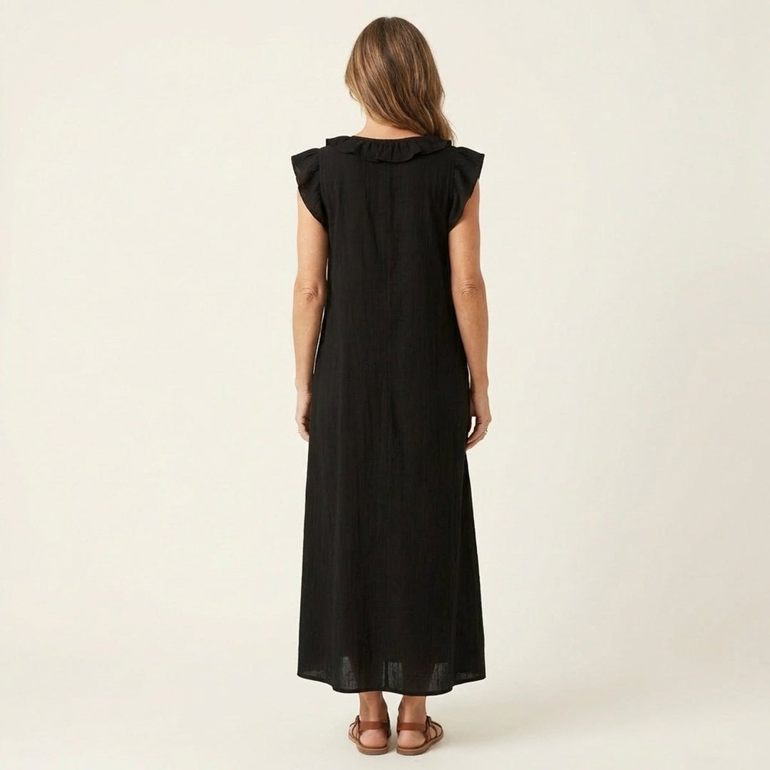 Damen Leinen Rüschen V-Ausschnitt Ärmelloses Maxi-Sommerkleid