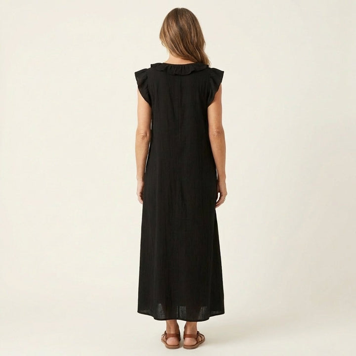 Damen Leinen Rüschen V-Ausschnitt Ärmelloses Maxi-Sommerkleid