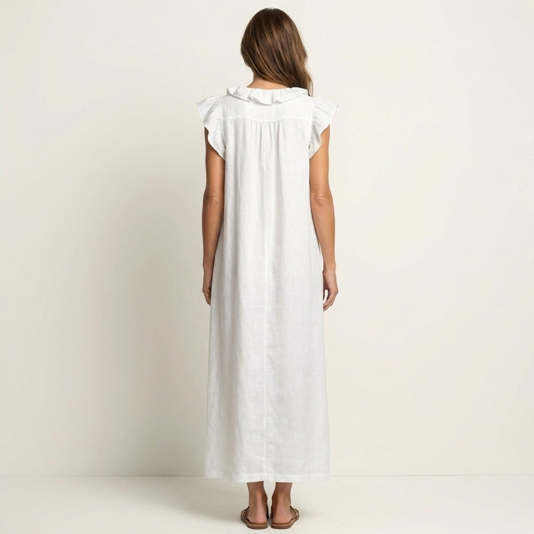Damen Leinen Rüschen V-Ausschnitt Ärmelloses Maxi-Sommerkleid