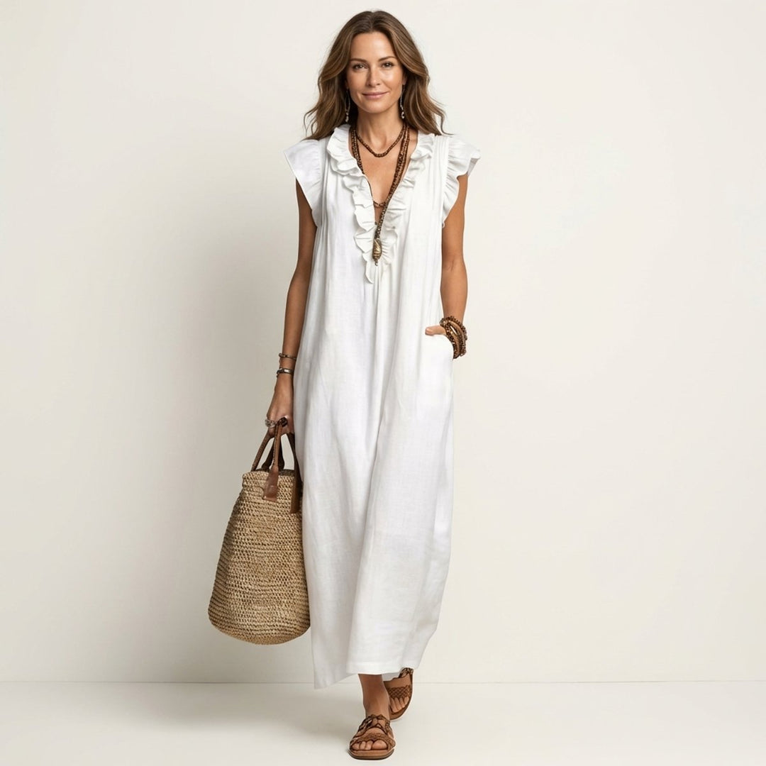 Damen Leinen Rüschen V-Ausschnitt Ärmelloses Maxi-Sommerkleid - Weiß