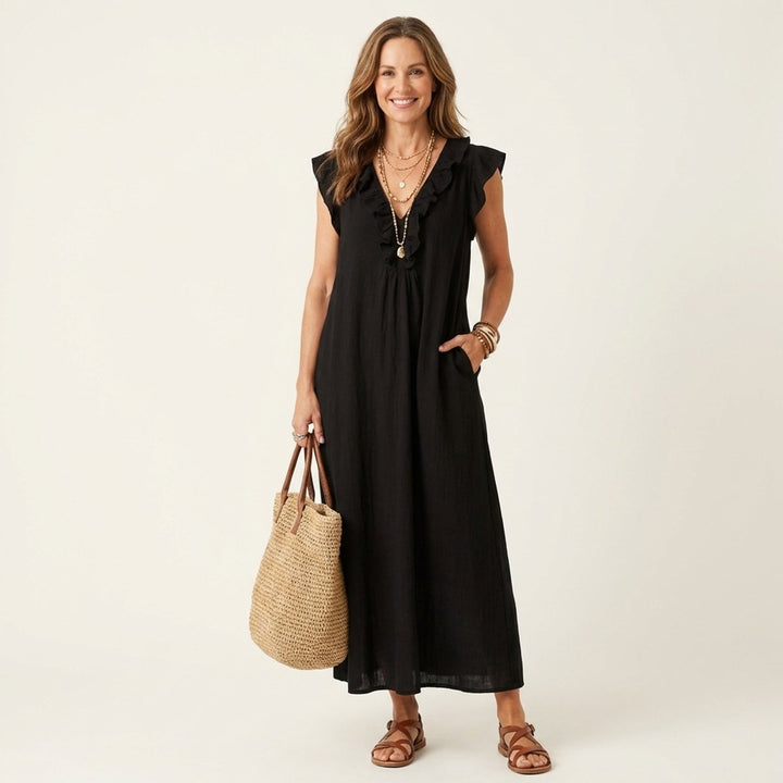 Damen Leinen Rüschen V-Ausschnitt Ärmelloses Maxi-Sommerkleid - Schwarz