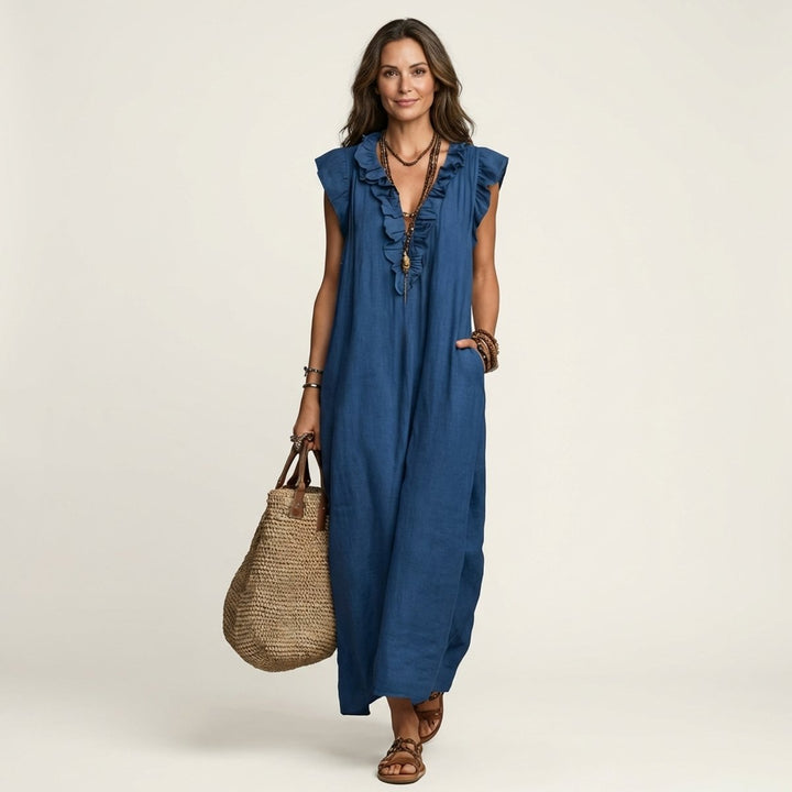 Damen Leinen Rüschen V-Ausschnitt Ärmelloses Maxi-Sommerkleid - Blau