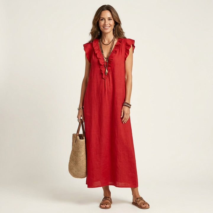Damen Leinen Rüschen V-Ausschnitt Ärmelloses Maxi-Sommerkleid - Rot