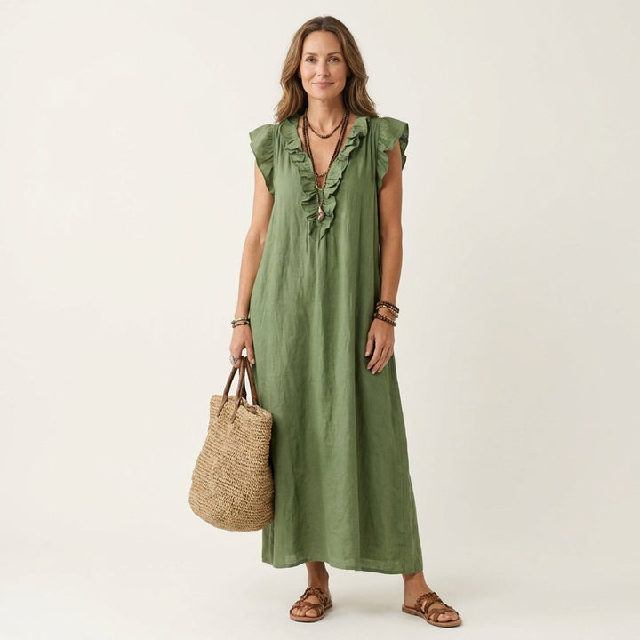 Damen Leinen Rüschen V-Ausschnitt Ärmelloses Maxi-Sommerkleid - Grün