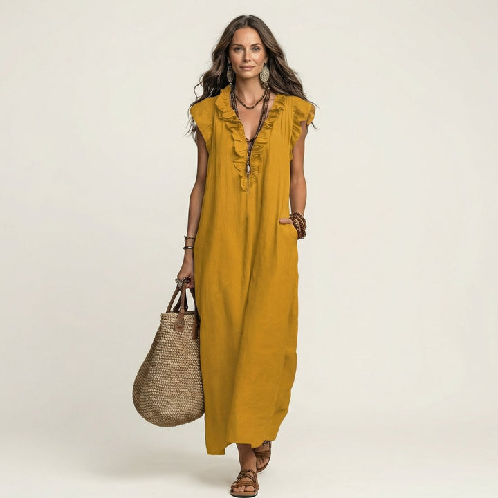 Damen Leinen Rüschen V-Ausschnitt Ärmelloses Maxi-Sommerkleid - Gelb