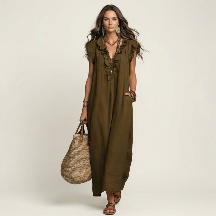 Damen Leinen Rüschen V-Ausschnitt Ärmelloses Maxi-Sommerkleid - Braun