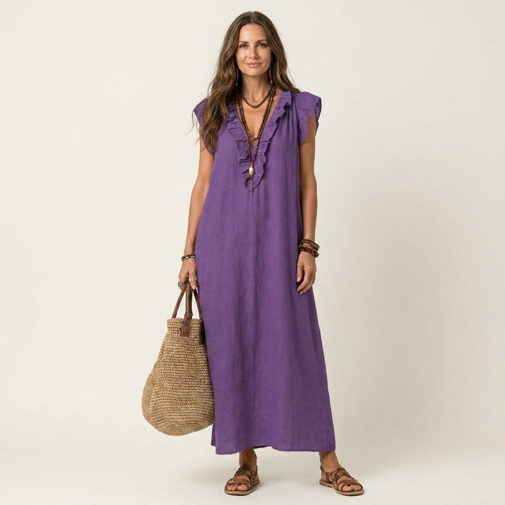 Damen Leinen Rüschen V-Ausschnitt Ärmelloses Maxi-Sommerkleid - Lila