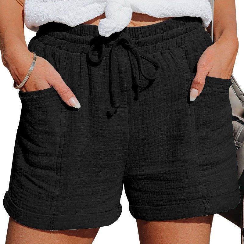 Damen Leinen-Shorts Entspannt Kordelzug Seitentaschen - Black