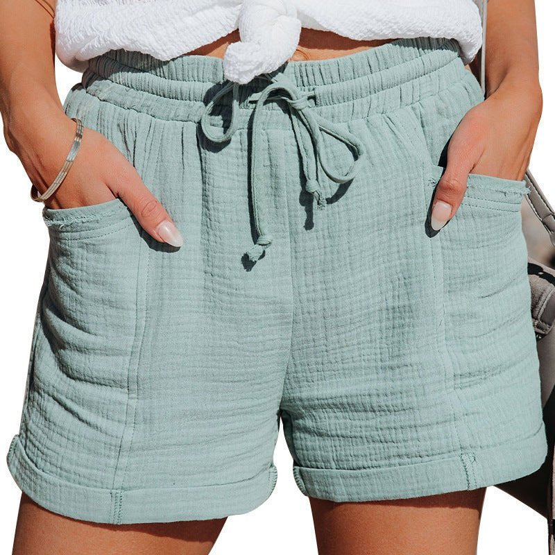 Damen Leinen-Shorts Entspannt Kordelzug Seitentaschen - Turquoise