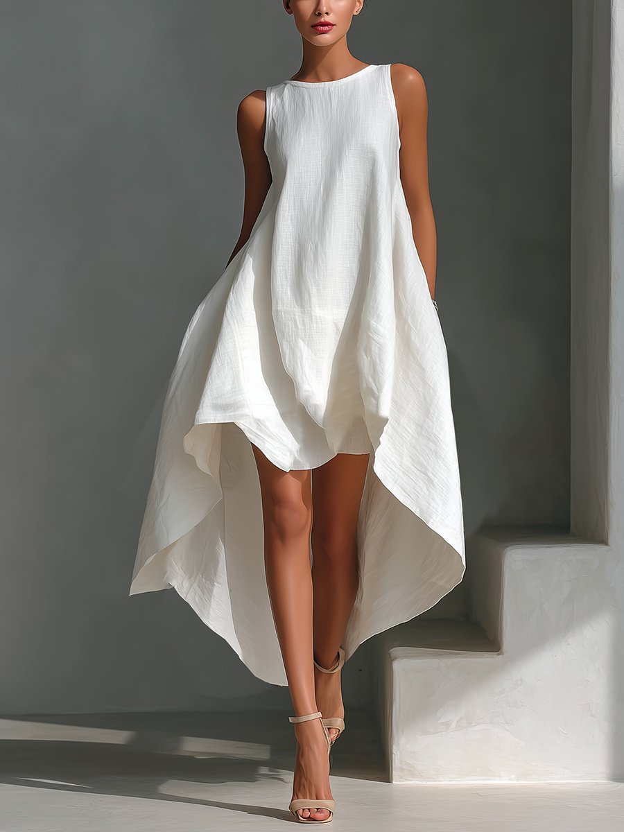 Damen Leinen Sommerkleid Asymmetrischer Saum Ärmelloses Midi - White
