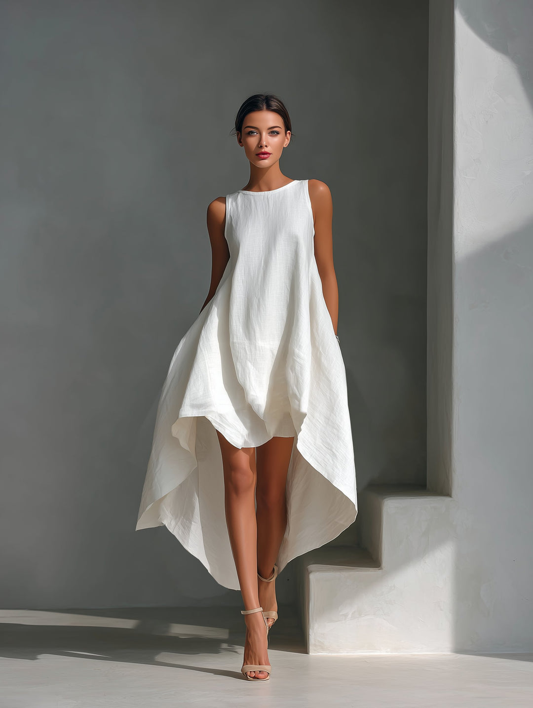 Damen Leinen Sommerkleid Asymmetrischer Saum Ärmelloses Midi