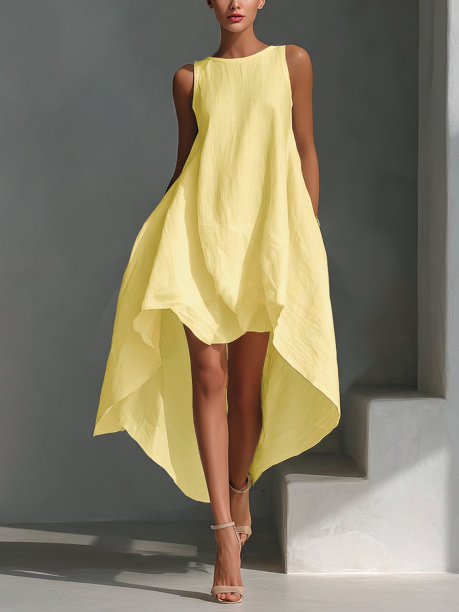 Damen Leinen Sommerkleid Asymmetrischer Saum Ärmelloses Midi - Warm yellow