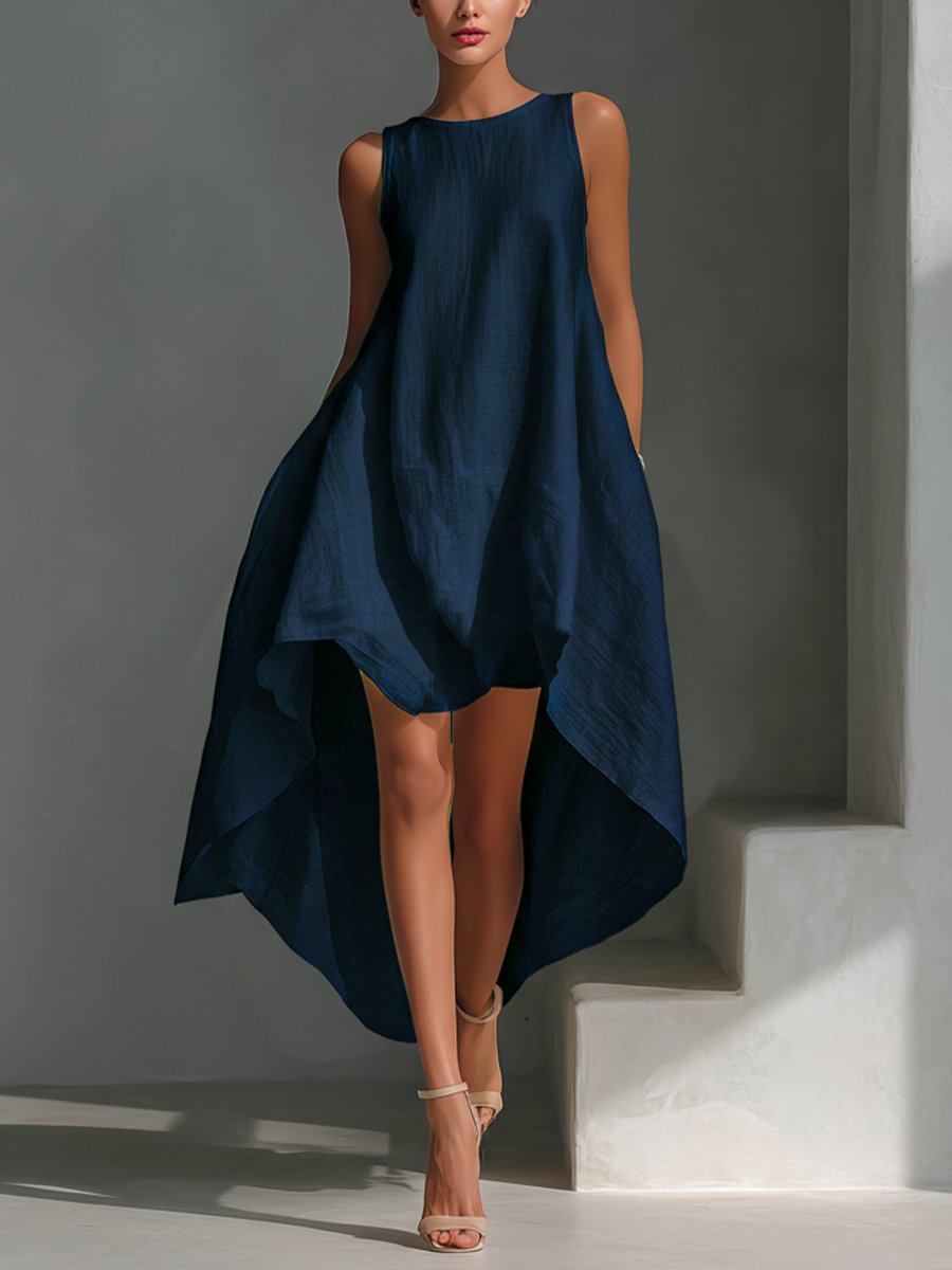 Damen Leinen Sommerkleid Asymmetrischer Saum Ärmelloses Midi - Navy blue