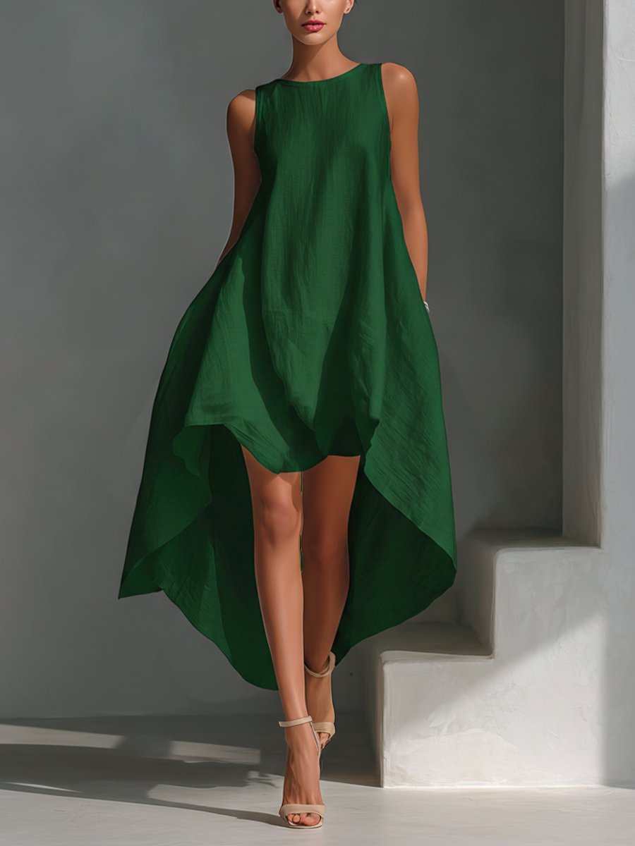 Damen Leinen Sommerkleid Asymmetrischer Saum Ärmelloses Midi - Green