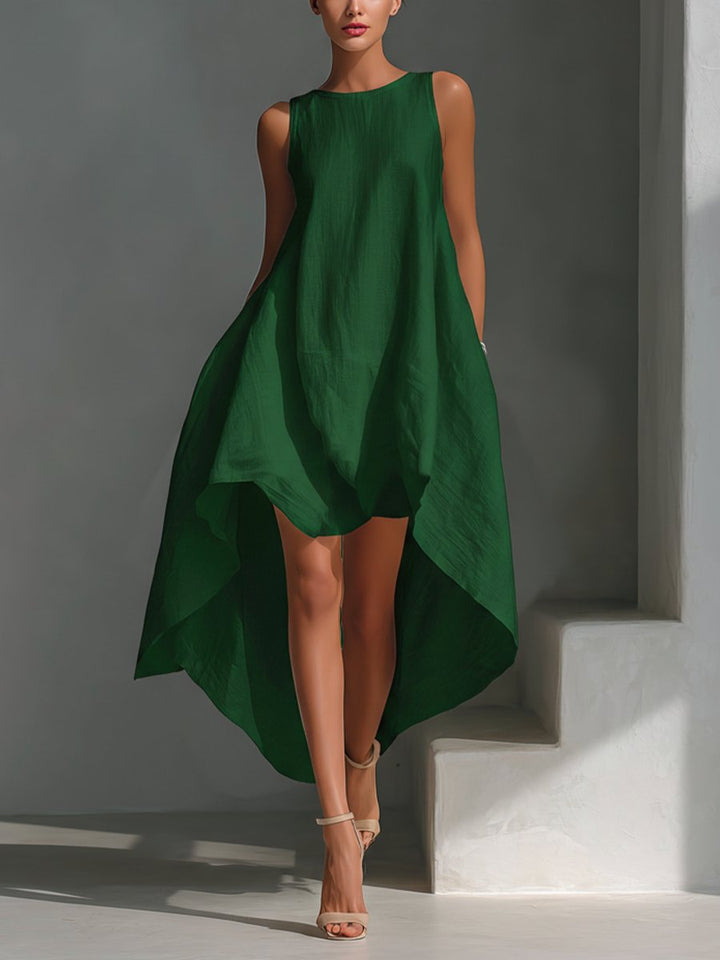 Damen Leinen Sommerkleid Asymmetrischer Saum Ärmelloses Midi - Green