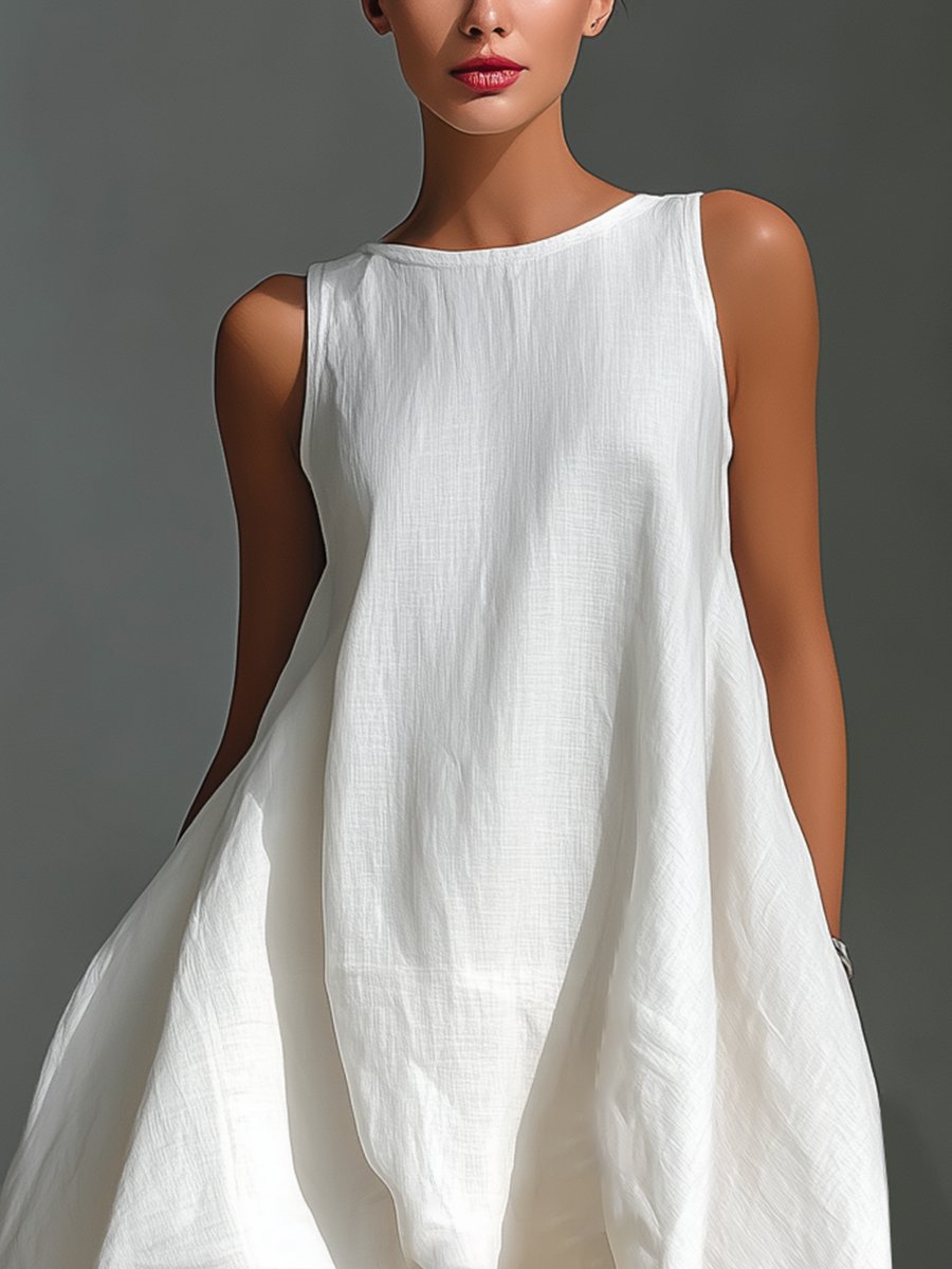 Damen Leinen Sommerkleid Asymmetrischer Saum Ärmelloses Midi