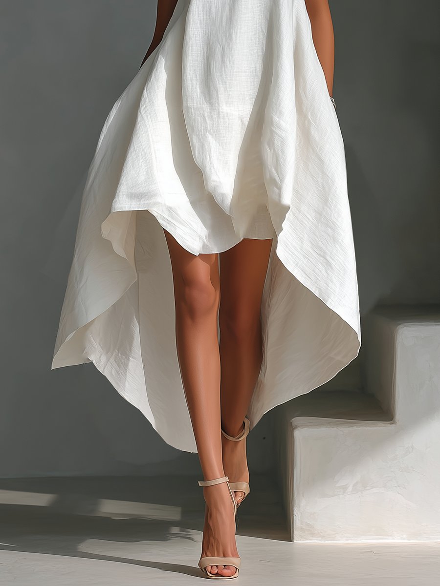 Damen Leinen Sommerkleid Asymmetrischer Saum Ärmelloses Midi