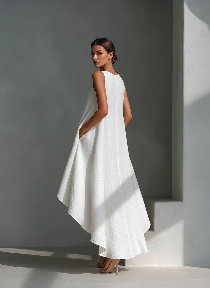 Damen Leinen Sommerkleid Asymmetrischer Saum Ärmelloses Midi