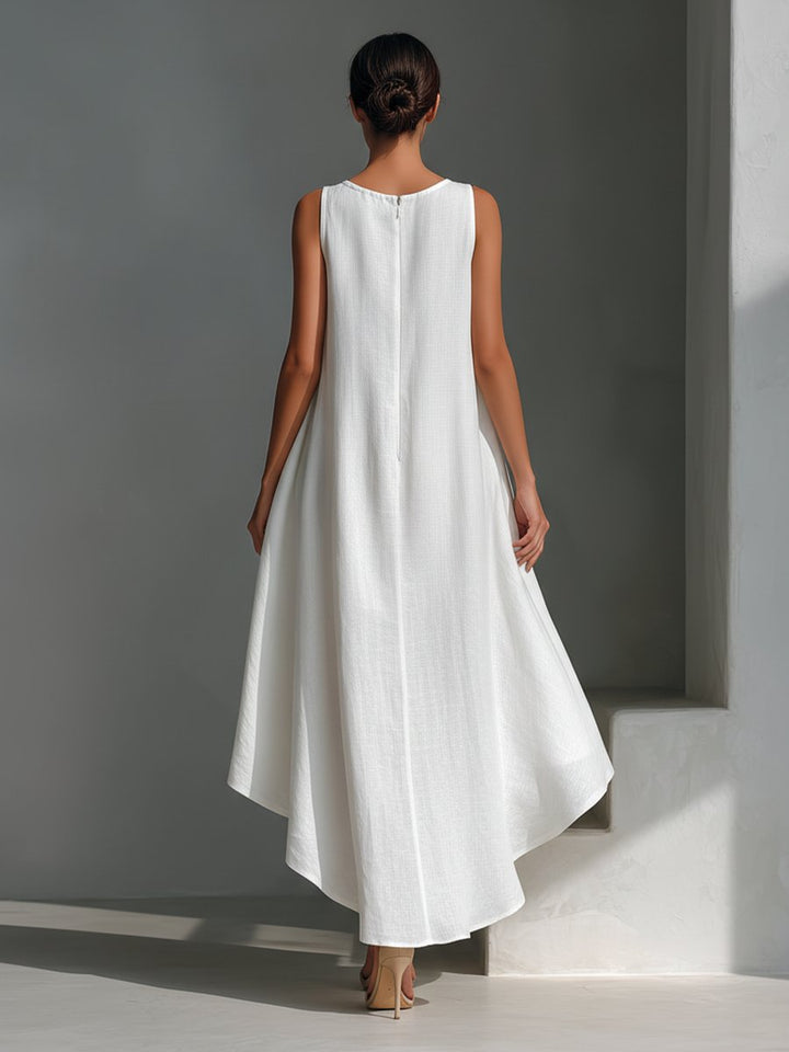Damen Leinen Sommerkleid Asymmetrischer Saum Ärmelloses Midi