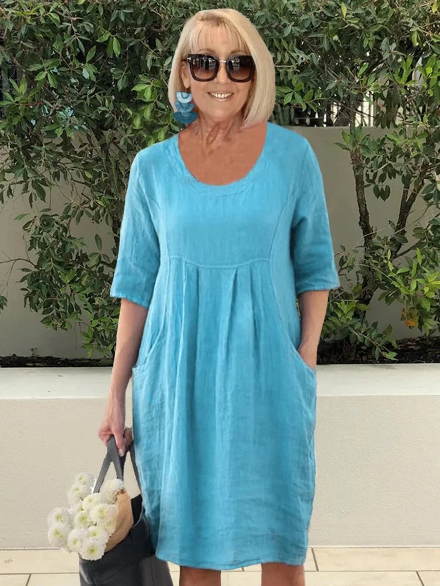 Damen Leinen Sommerkleid Tunika-Schnitt lockere Passform Taschen - Blau