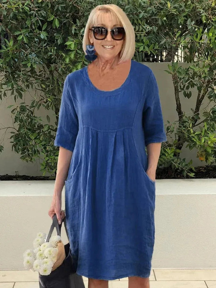 Damen Leinen Sommerkleid Tunika-Schnitt lockere Passform Taschen - Marineblau
