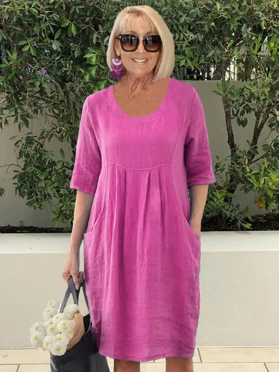 Damen Leinen Sommerkleid Tunika-Schnitt lockere Passform Taschen - Rosa