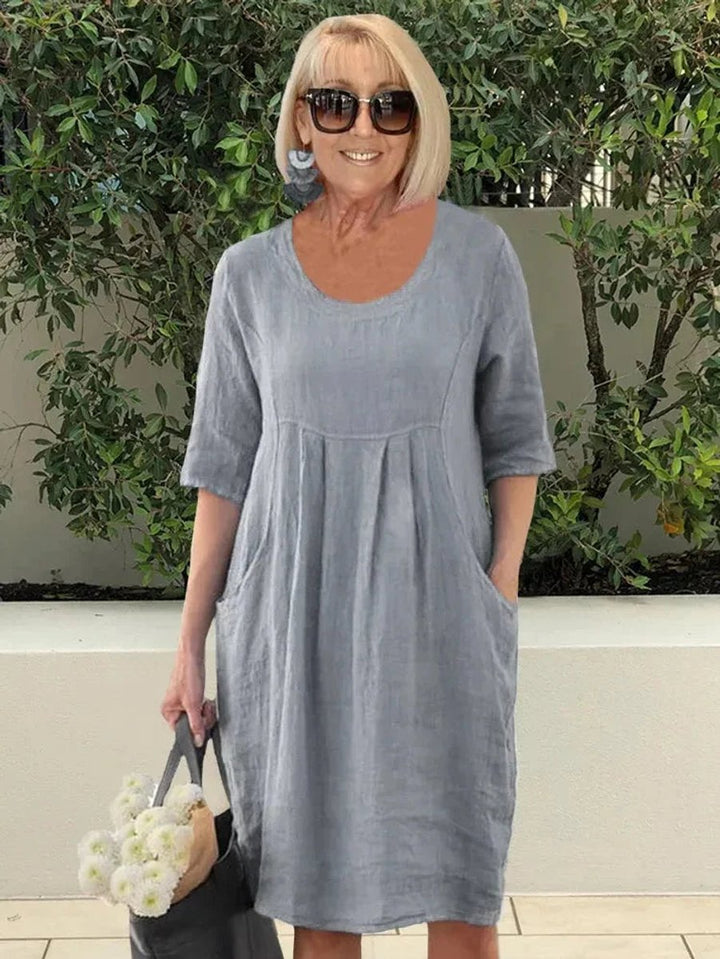 Damen Leinen Sommerkleid Tunika-Schnitt lockere Passform Taschen - Grau